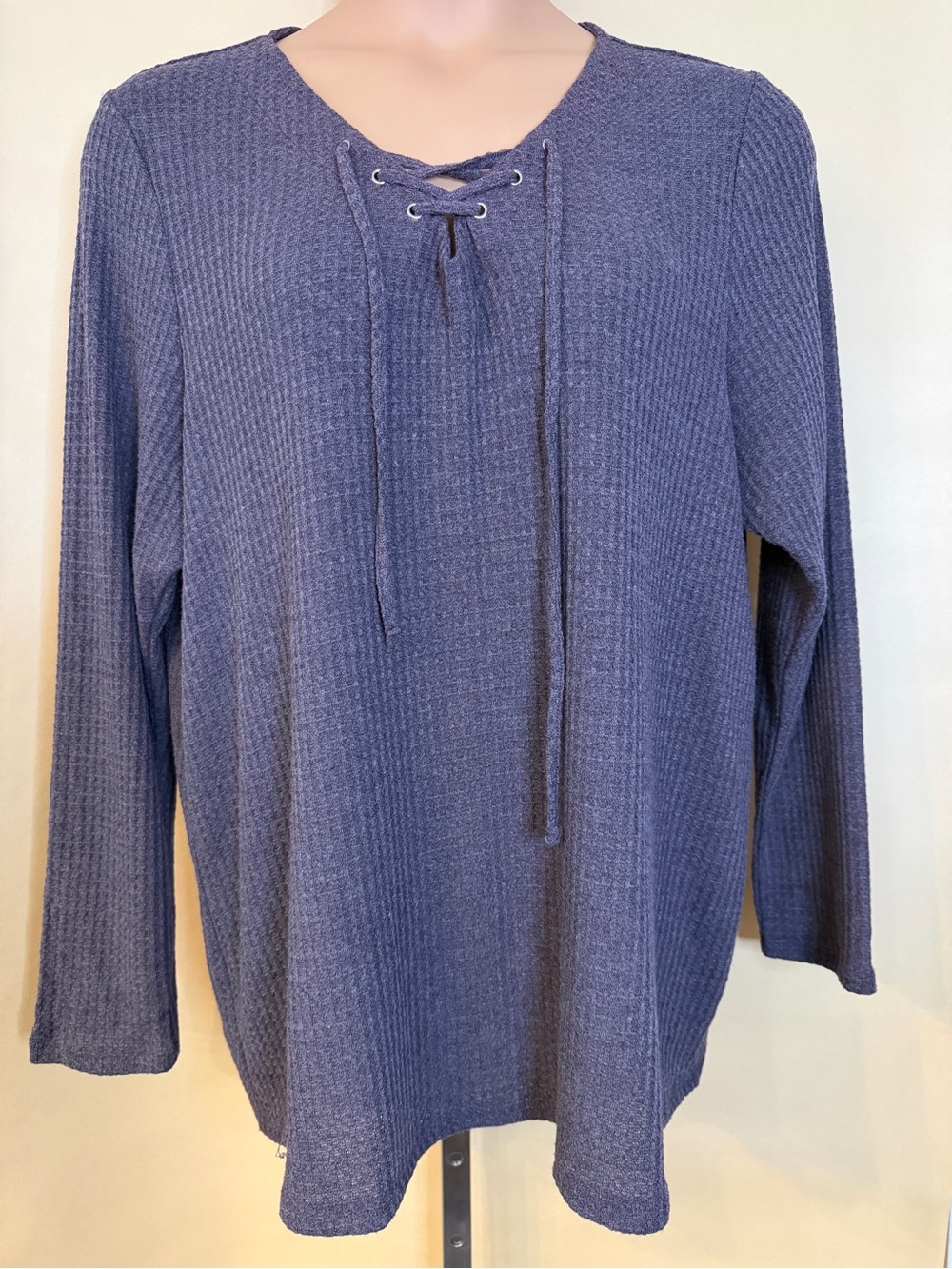 Lane Bryant Lace-Up Waffle Knit Long Sleeve Top - Blue